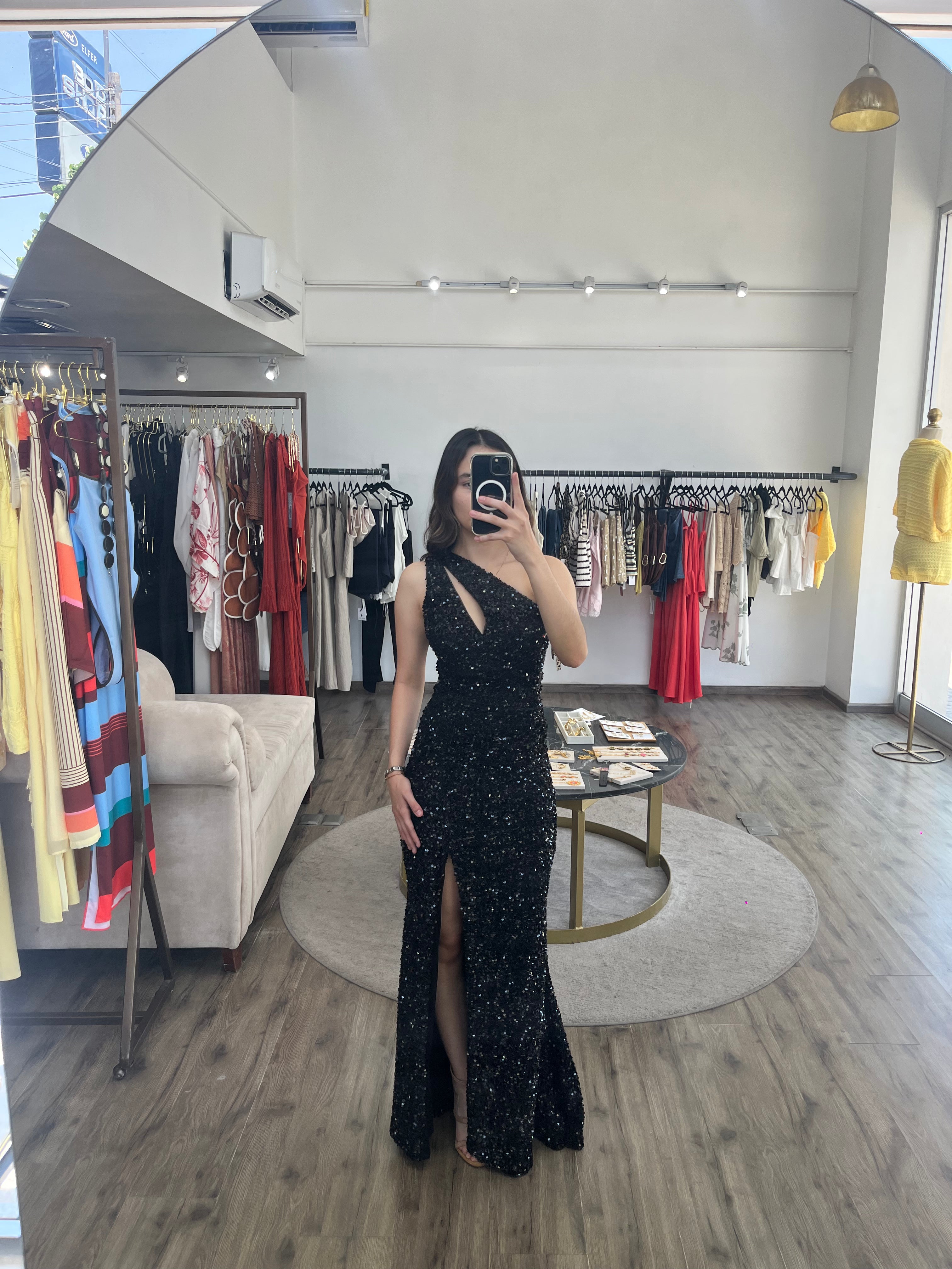 Vestido one strap negro lentejuelas